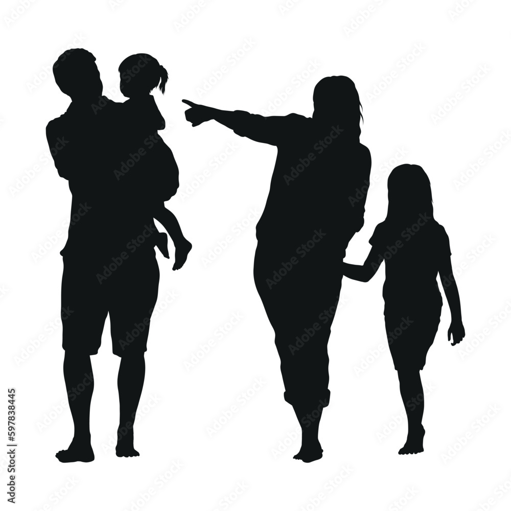 Parents walking with two daughter outdoor vector silhouette.