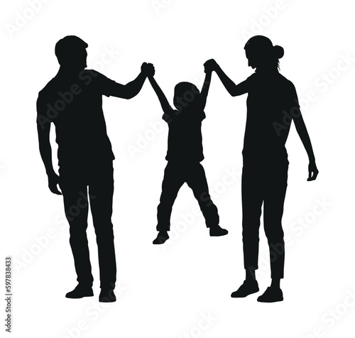 Happy couple swinging child holding hands vector silhouette.
