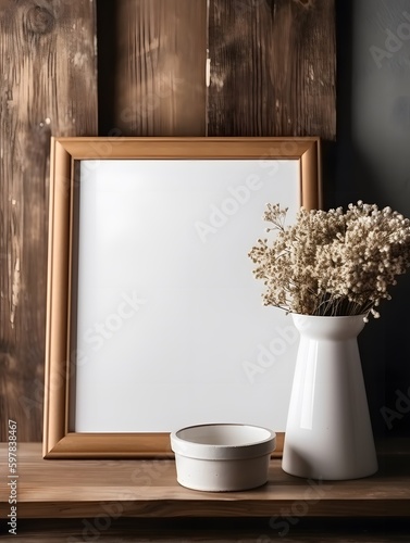 Dried statice flower in a vase by an empty wooden frame on a wooden surface. Frame design template. Mockup for design presentation. Generative Ai.
