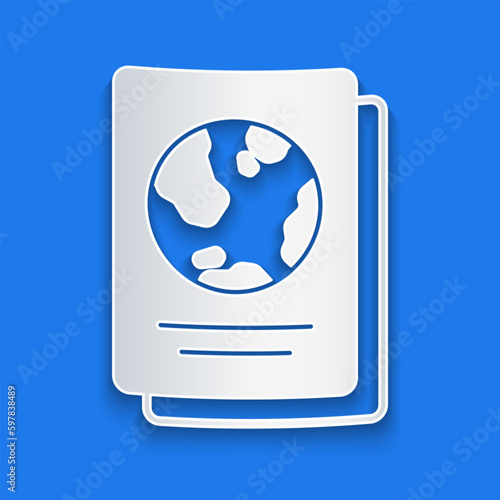 Paper cut Passport with biometric data icon isolated on blue background. Identification Document. Paper art style. Vector