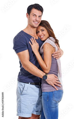Portrait, hug and couple with romance, smile and loving together with happiness isolated against a transparent background. Face, happy woman and man embrace, bonding and marriage with png and romance