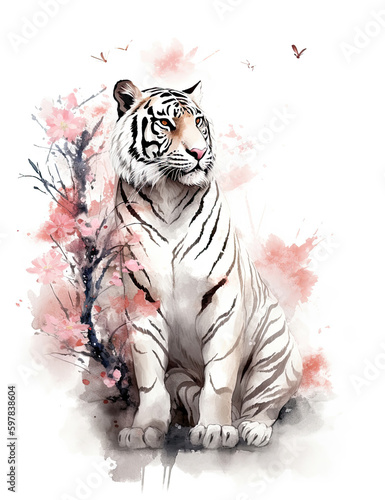 White tiger asian style art  wall print  digital print  wild life  Japanese culture. Generative AI