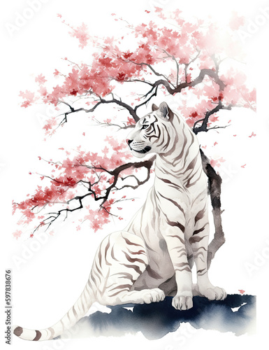 White tiger asian style art  wall print  digital print  wild life  Japanese culture. Generative AI