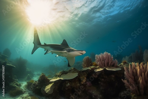 Hammerhead shark in coral reef with god rays. Generative AI