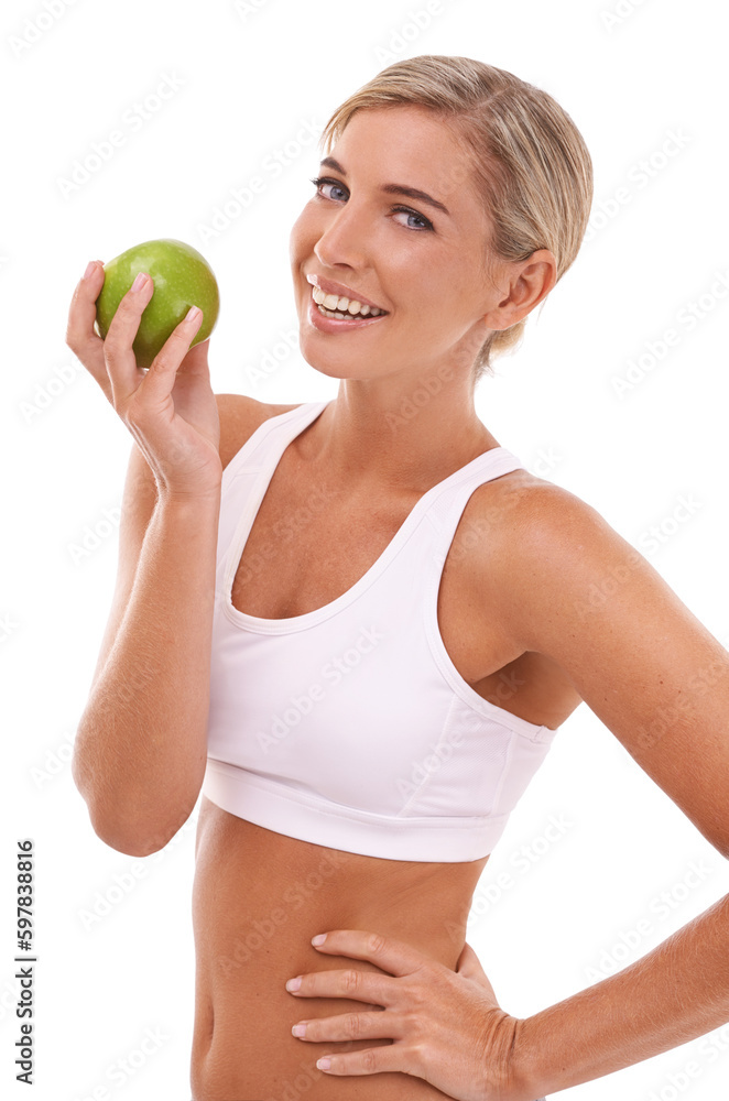 Apple, health nutrition or portrait of woman with fruit for weight loss, diet or body detox for wellness. Female model, green nutritionist food or vegan on a isolated, transparent png background Apple, health nutrition or portrait of woman with fruit for weight loss, diet or body detox for wellness. Female model, green nutritionist food or vegan on a isolated, transparent png background