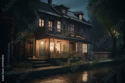 A riverfront house with glowing windows in an empty village street at midnight. Generative AI