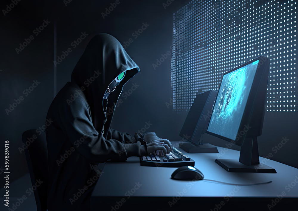 Sinister Computer Hacker Generative AI Illustration Sinister Computer Hacker Generative AI Illustration
