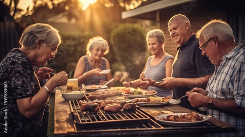 A genuine photo of a group of eldery friends gathered in the backyard  enjoying a summer evening barbecue. Generative AI