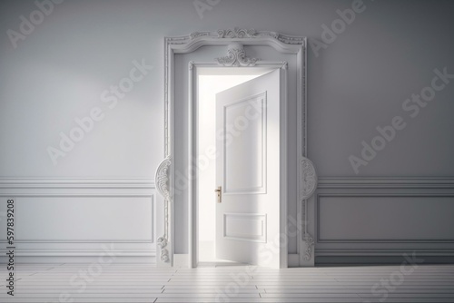 A white door stands alone on a white background. Generative AI