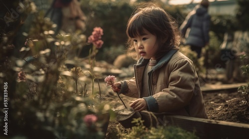 A candid shot of a young child helping their parent in the garden, planting flower sand learning about nature. Generative AI