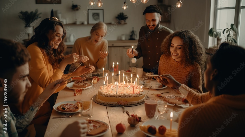 © 22Imagesstudio - Lively photo of a group of friends celebrating a birthday at home, with colorful decorations and joyful expressions. Generative AI © 22Imagesstudio - Lively photo of a group of friends celebrating a birthday at home, with colorful decorations and joyful expressions. Generative AI