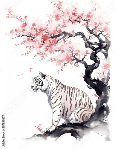 White tiger asian style art  wall print  digital print  wild life  Japanese culture. Generative AI