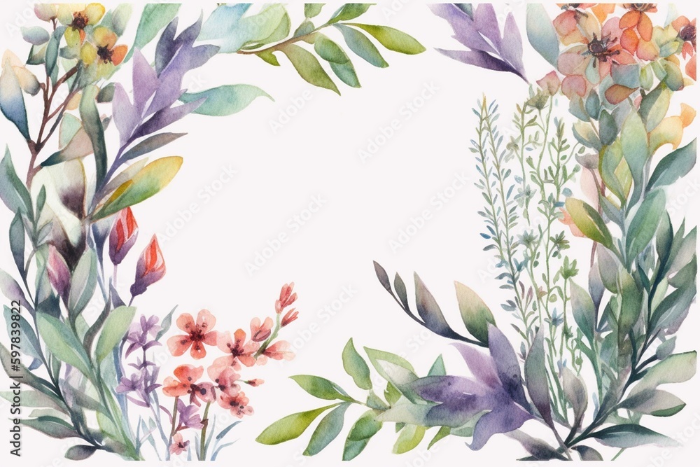 Watercolor wildflowers and leaves make a square frame perfect for weddings and greetings. Generative AI