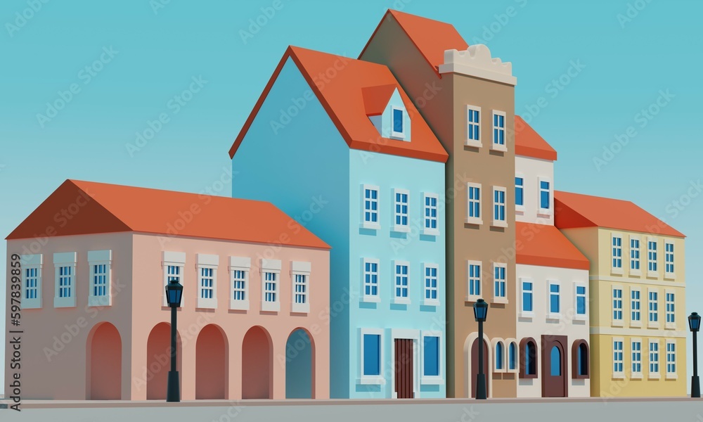 Polish city street with old houses. 3d rendering