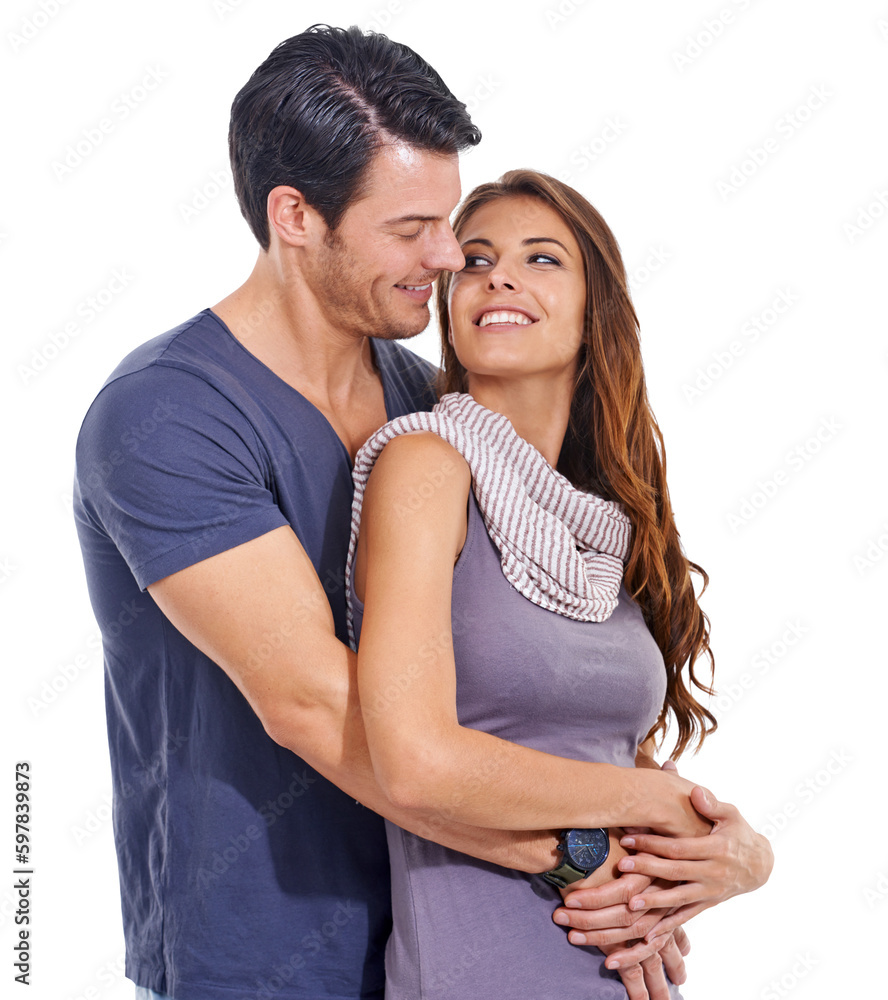 Naklejka premium Happiness, hug and couple with marriage, quality time and relationship isolated against a transparent background. Partners, man and happy woman embrace, marriage and png with romance and affection