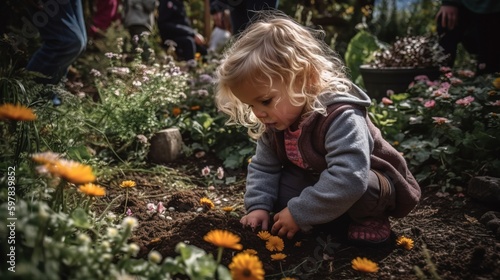 Accandid shot of a young child helping their parent in the garden, planting flower sand learning about nature. Generative AI