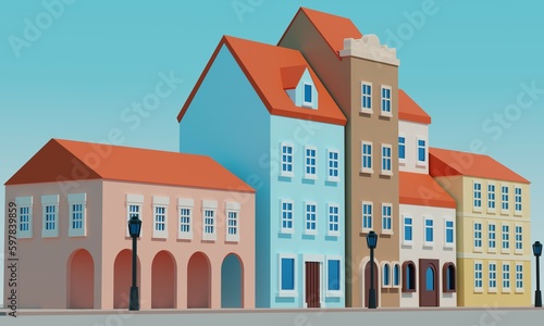 Fototapeta Naklejka Na Ścianę i Meble -  Polish city street with old houses. 3d rendering