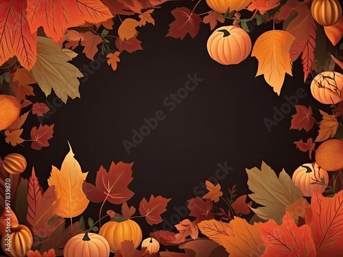 Autumn design elements with leaves and pumpkins on the black background and copy space - Generative AI