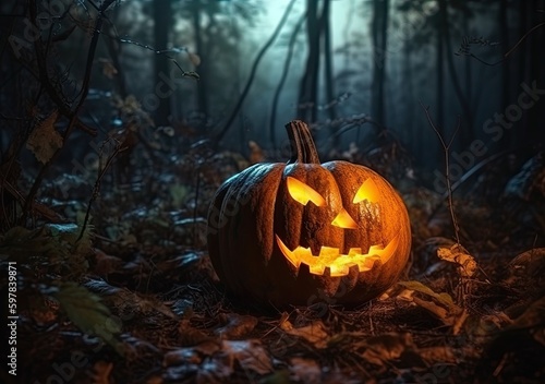 Carved pumpkin in the forest spooky halloween background - Generative AI