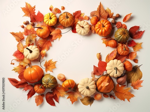 Autumn fall frame with pumpkins and leaf leaves and copy space  halloween background - Generative AI