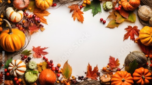 Autumn fall frame with pumpkins and leaf leaves and copy space, halloween background - Generative AI