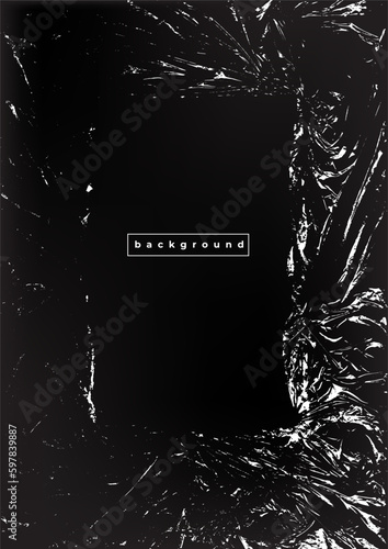 Polyethylene texture. Torn effect. Transparent stretched cling film. Overlay grunge texture. Black and white vector background. Crumpled warp plastic. Defect, scuff frame template.