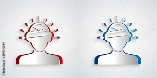 Paper cut Concussion, headache, dizziness, migraine icon isolated on grey background. Paper art style. Vector