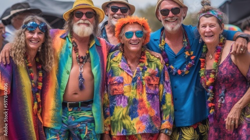 A group of friends attending a music festival, sporting extravagant and colorful outfits, ready to make a statement and be photographed. Generative AI