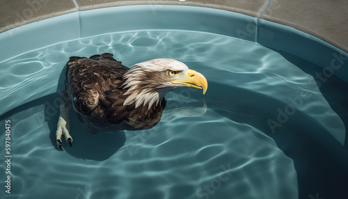 Bald eagle swimming in the waterpool photo