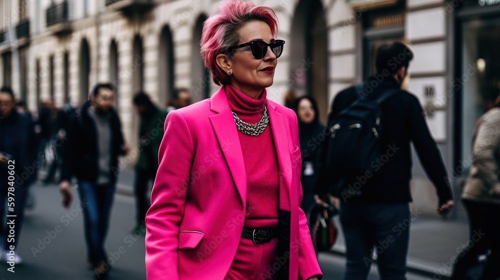 Woman dressed in a bold, fuchsia outfit, confidently strutting down the street, exuding power and femininity. Generative AI Woman dressed in a bold, fuchsia outfit, confidently strutting down the street, exuding power and femininity. Generative AI