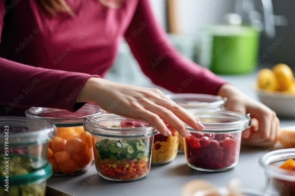 Woman putting cut fruit and vegetable into box and containers, closeup. Generative AI. Woman putting cut fruit and vegetable into box and containers, closeup. Generative AI.