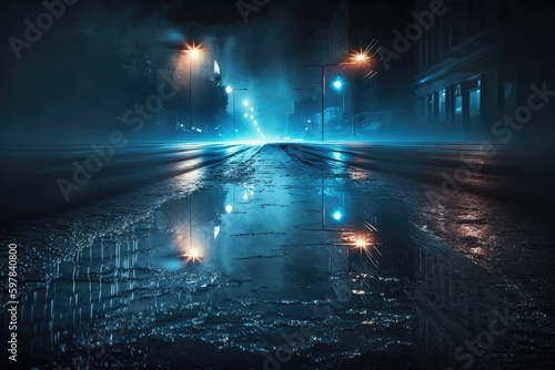 Foggy city street at night with lights and reflections