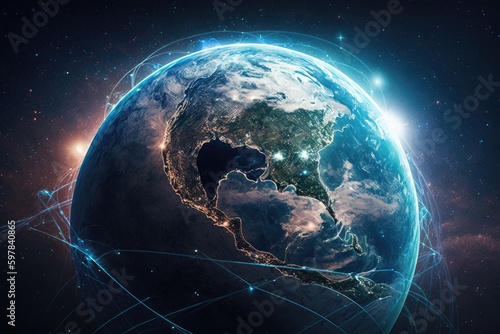Planet Earth from space with international network representing communication  travel and connections
