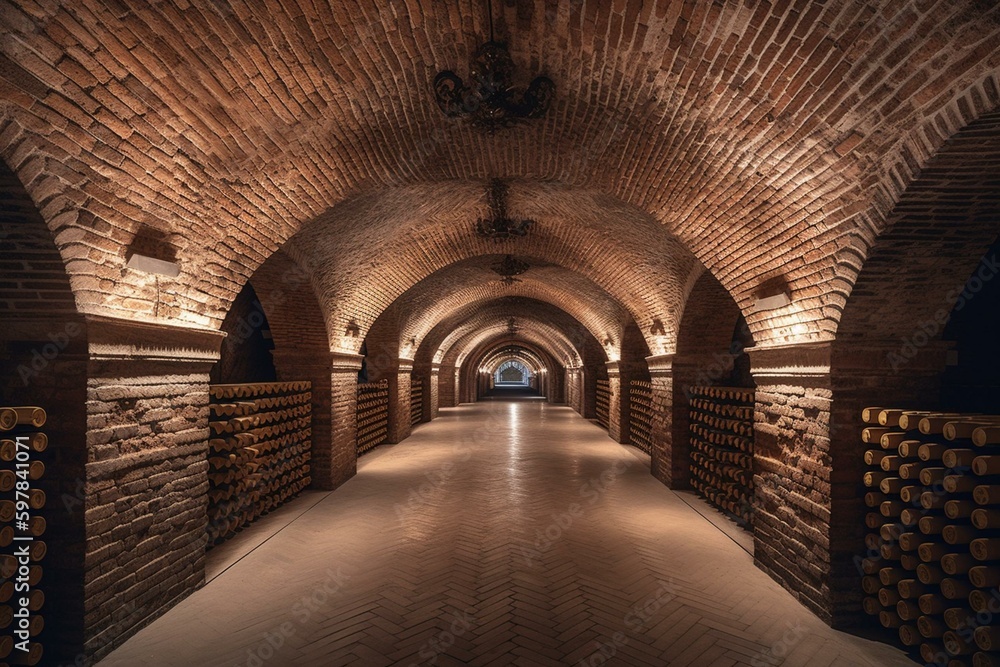 Underground brick-vaulted wine cellar. Generative AI