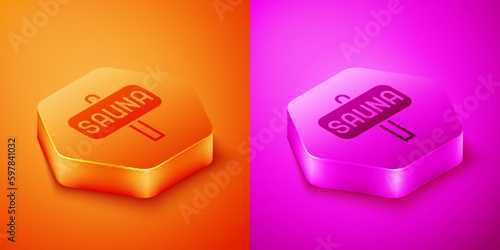 Isometric Sauna icon isolated on orange and pink background. Hexagon button. Vector