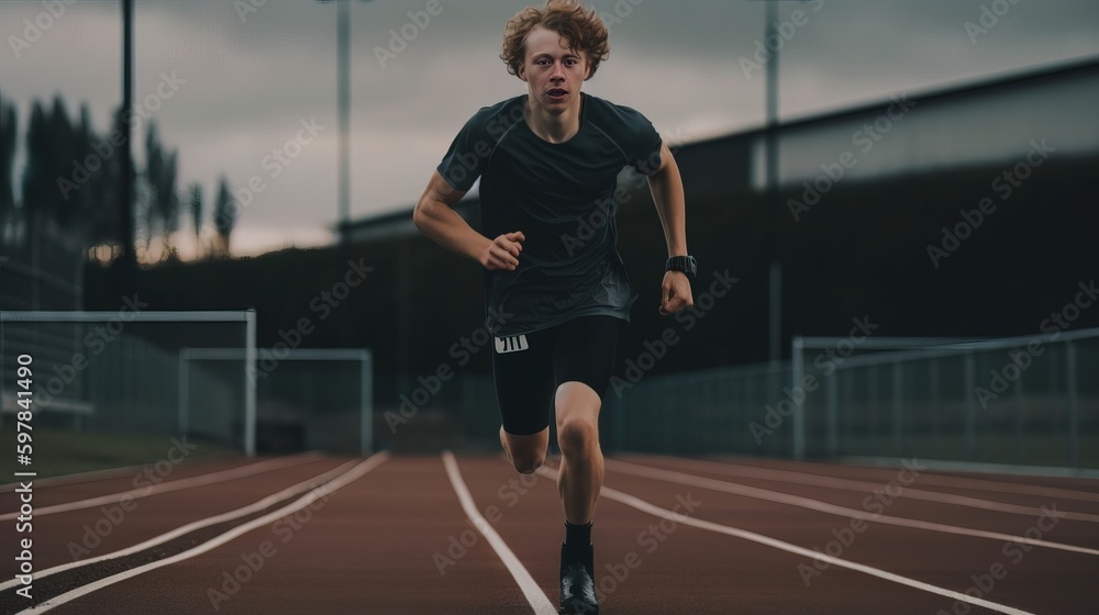 A young man sprinting on a track with determination, showcasing his strength and resilience, overcast. Generative AI