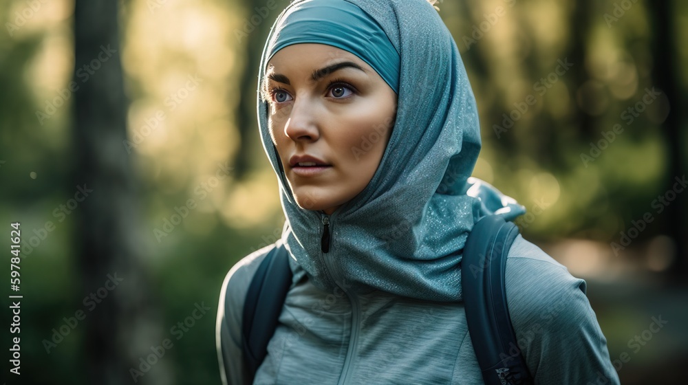 Woman in a hijab jogging through a city park, breaking stereotypes and embracing fitness. Generative AI Woman in a hijab jogging through a city park, breaking stereotypes and embracing fitness. Generative AI