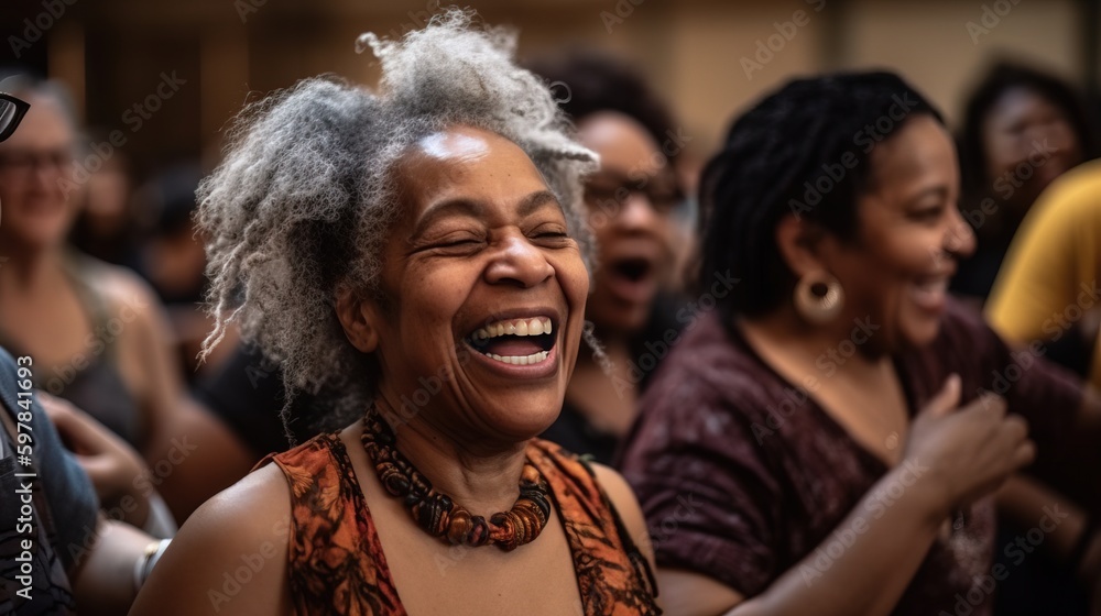Obraz premium A candid shot of a diverse dance class for seniors, with participants of various races, genders, and body sizes, enjoying themselves and moving in harmony. Generative AI