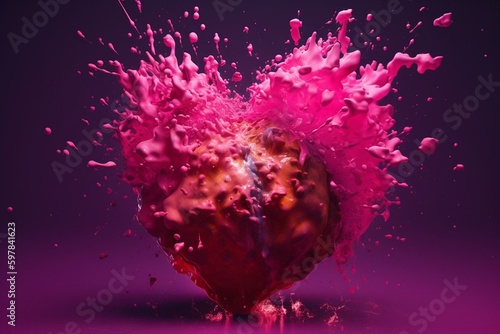 An abstract burst of color creates a whimsical, exploding pink heart. Generative AI