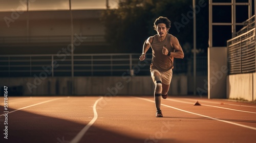 A young man sprinting on a track with determination  showcasing his strength and resilience  sunset. Generative AI