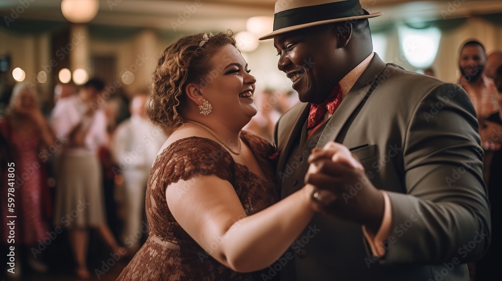 Capture a candid moment of a plus-sized woman and a man with a prosthetic arm, both dressed in formal attire, dancing joyfully and confidently at a wedding reception. Generative AI Capture a candid moment of a plus-sized woman and a man with a prosthetic arm, both dressed in formal attire, dancing joyfully and confidently at a wedding reception. Generative AI