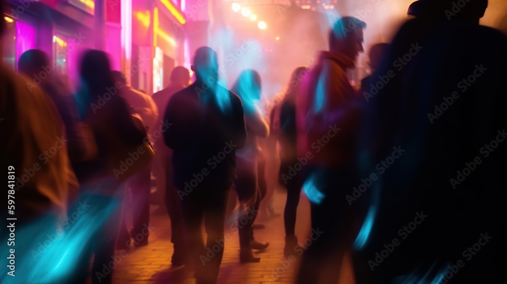 Fototapeta premium Illustration of crowded night club disco party. Silhouettes of people with long exposure effect. Indoor background. AI generative image.