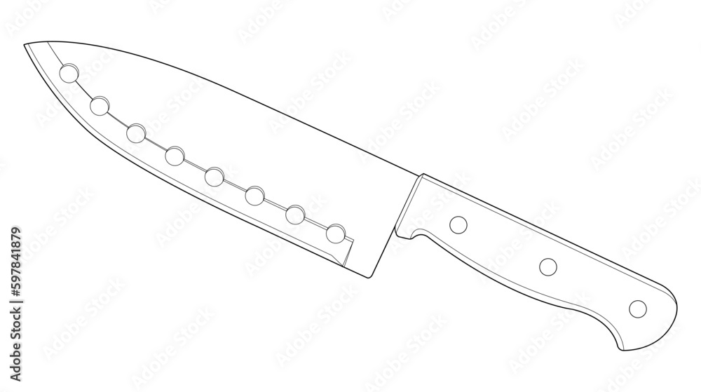 Coloring page. Kitchen knife with wooden handle. Santoku knife. Isolated on white
Coloring page. Kitchen knife with wooden handle. Santoku knife. Isolated on white