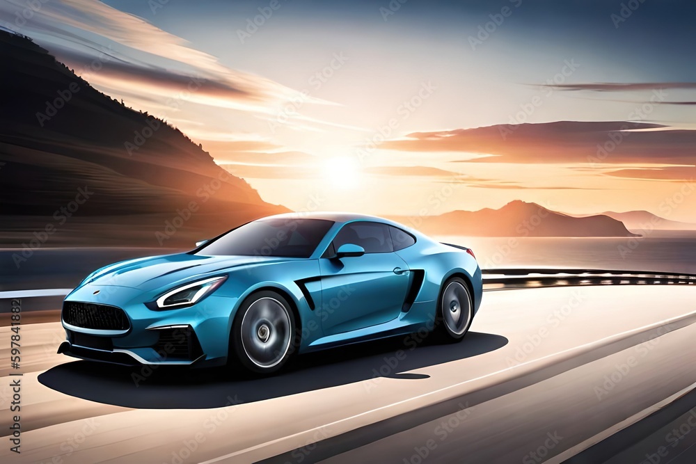 Fototapeta premium blue car on the highway at sunset, generative ai