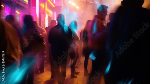 Illustration of crowded night club disco party. Silhouettes of people with long exposure effect. Indoor background. AI generative image.