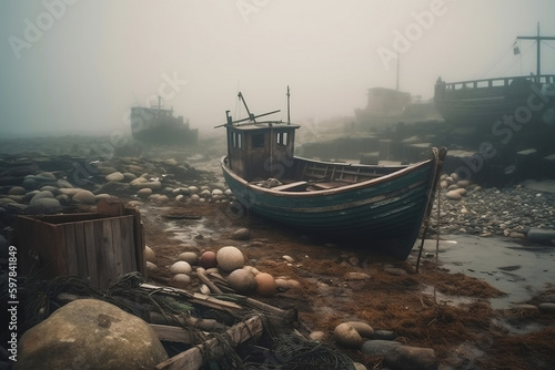 fishing boats on the shore of the river