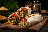 Grilled tortilla wraps with meat and veggies in Oriental Shawarma style, isolated on white. Generative AI