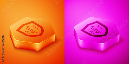 Isometric NFT shield icon isolated on orange and pink background. Non fungible token. Digital crypto art concept. Hexagon button. Vector