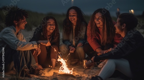 joyful moment of a group of friends from diverse backgrounds and ages, laughing together around a bonfire at a beach party. Generative AI