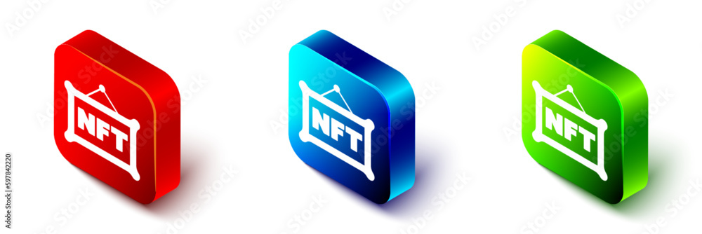 Isometric NFT Digital crypto art icon isolated on white background. Non fungible token. Red, blue and green square button. Vector Isometric NFT Digital crypto art icon isolated on white background. Non fungible token. Red, blue and green square button. Vector